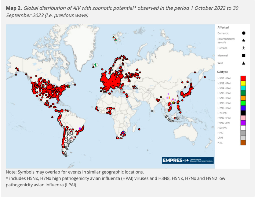World map of Highly Pathogenic Avian Flu outbreaks with zoonotic potential.